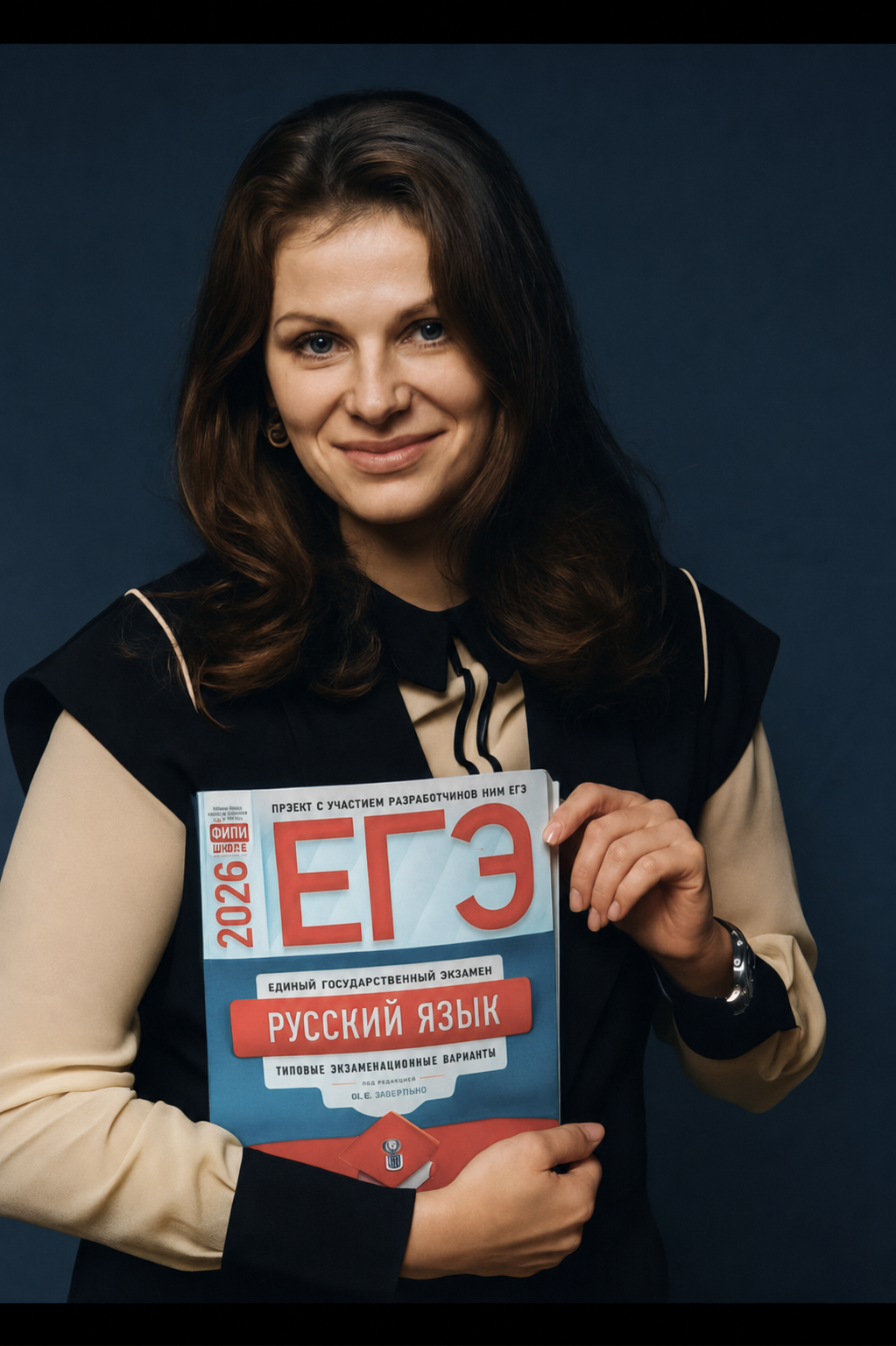 Алина Сергеевна Мироненко со сборником заданий ЕГЭ по русскому языку
